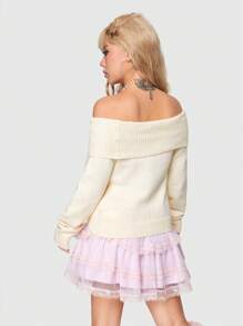 ROMWE Kawaii Cable Knitted Off Shoulder Sweater, Pullover - Apricot - View 6
