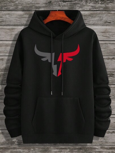 Manfinity LEGND Men Cartoon Bull Pattern Drop Shoulder Drawstring Hoodie, Going Out Black Graphic Long Sleeve Hoodie, For Friends, Husband, Boyfriend Gifts, Fall