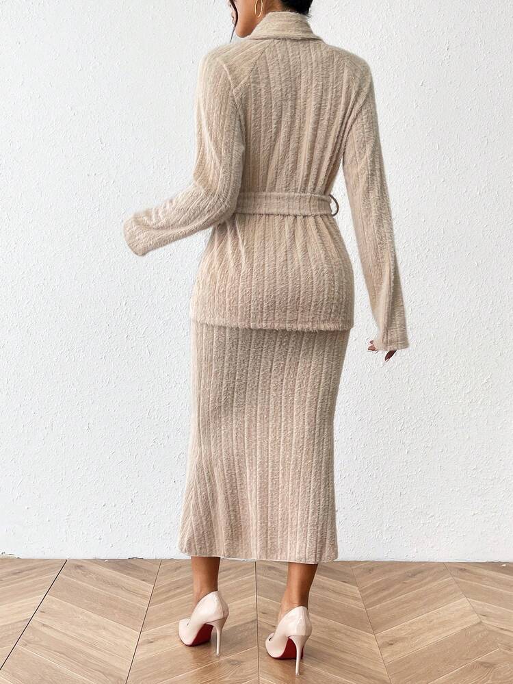 Women's Belted Coat And Sleeveless Dress Set