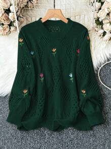 Calvaya Kích thước lớn Thêu hoa Áo len - Màu xanh lá cây đậm - Xem 5