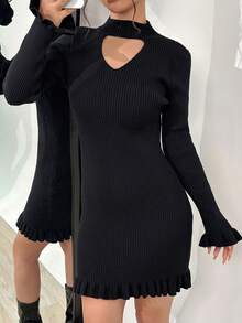 SHEIN Unity 鏤空荷葉邊毛衣洋裝 - 黑色 - 查看 6