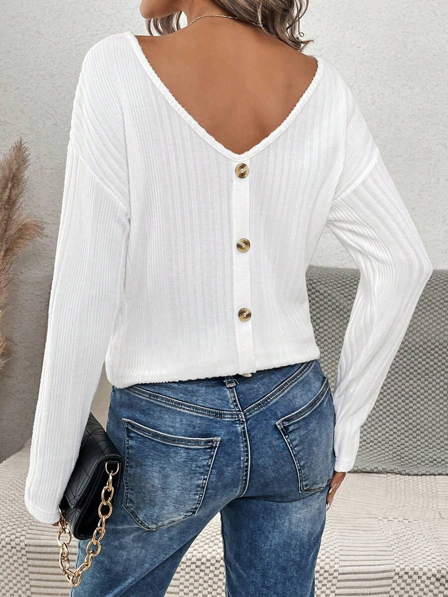 SHEIN LUNE Button Back Drop Shoulder Women's T-shirt - White - View 1