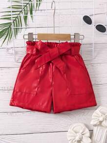 SHEIN 小女孩 Pu 皮短褲(配皮帶) - 紅色 - 查看 1