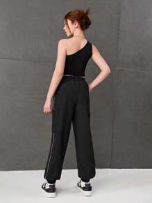 SHEIN Teen Girls' Knitted One Shoulder Top With Patchwork Straps And Pocketed Pants Set - Black - View 2