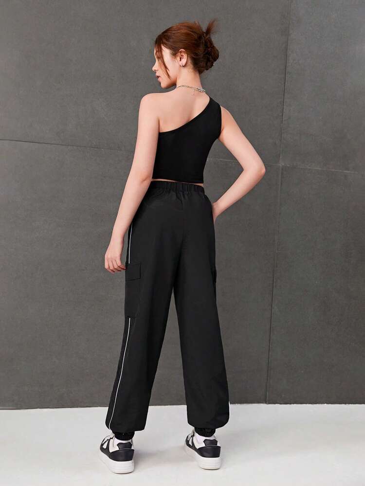 Teen Girls' Knitted One Shoulder Top With Patchwork Straps And Pocketed Pants Set