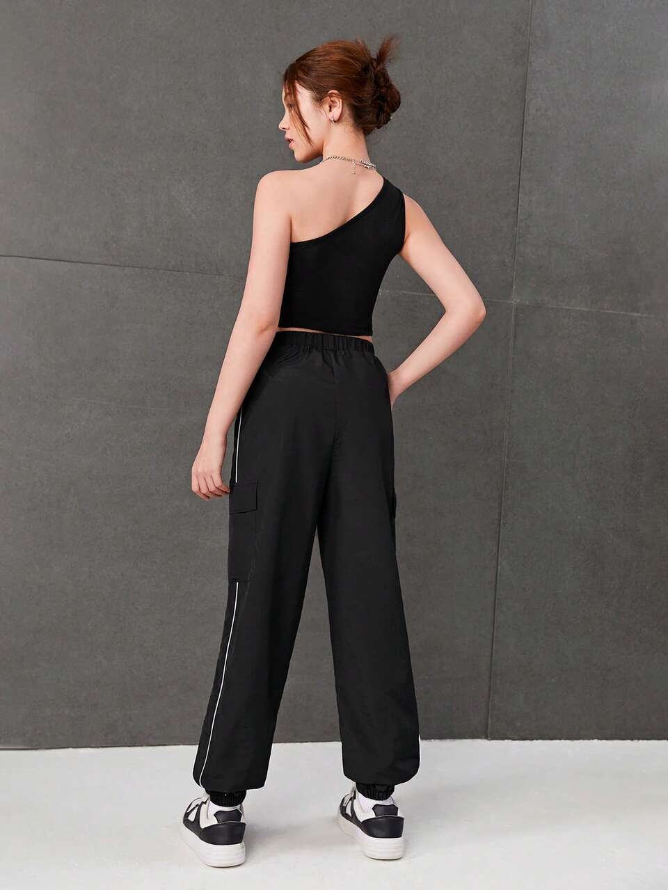 Teen Girls' Knitted One Shoulder Top With Patchwork Straps And Pocketed Pants Set