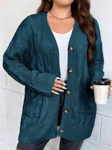 SHEIN Clasi 大尺寸鈕扣下垂袖針織開襟外套 - 藍色 - 查看 1