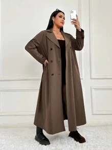 SHEIN EZwear 大雙排扣風衣 - 棕色 - 查看 5