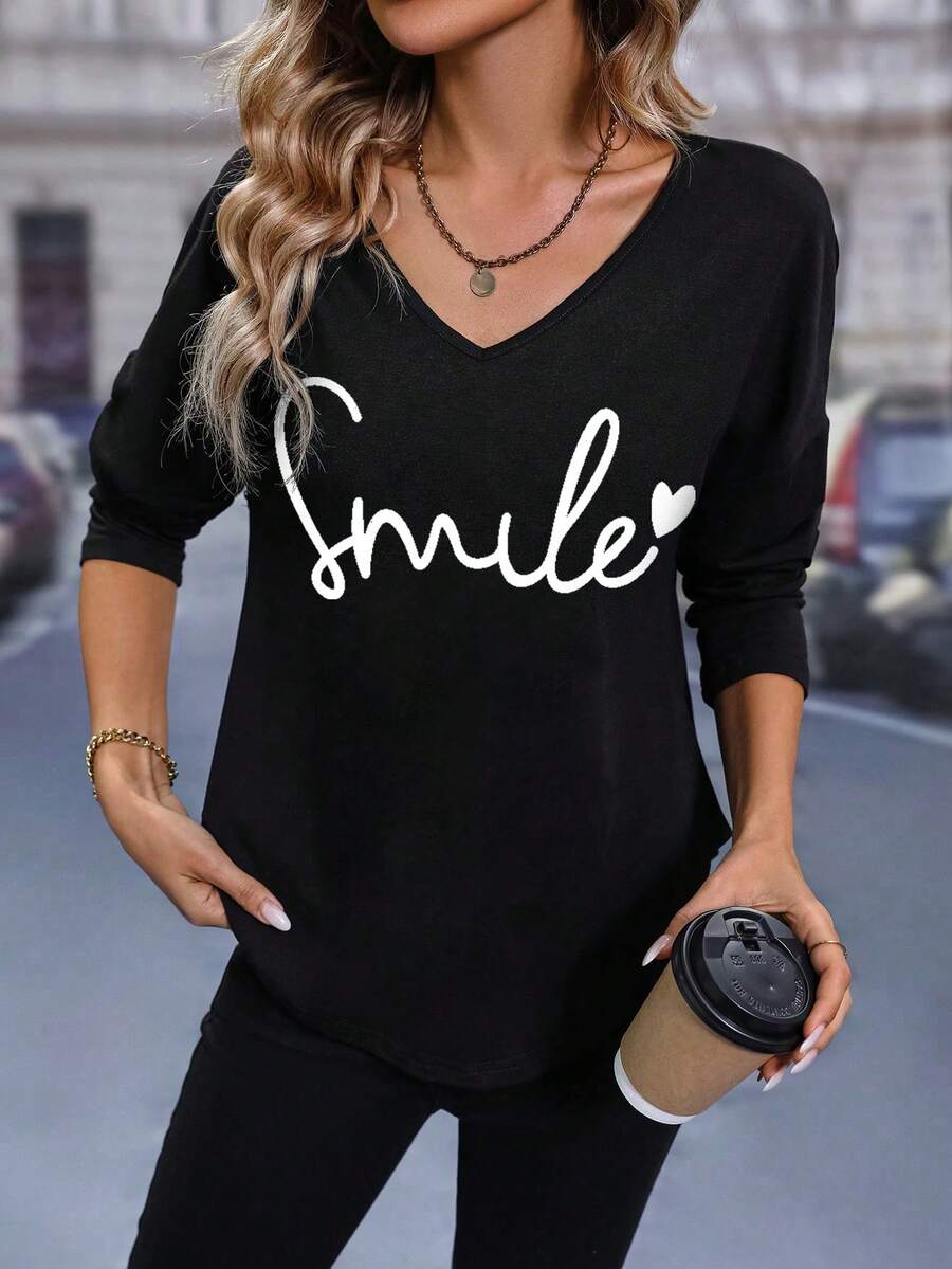 SHEIN LUNE Áo thun in hình trái tim và chữ cái cho nữ Áo thun họa tiết cho nữ - màu đen - Xem 1