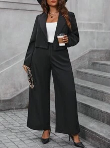 Calvaya 大碼女性黑色短西裝外套&闊腿褲套裝