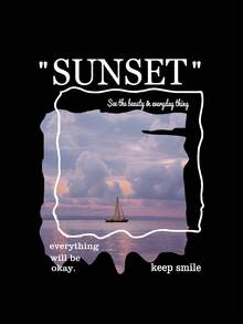 SHEIN EZwear 船舶及標語圖案下拉肩帶束口保暖襯裡連帽衫 - 黑色 - 查看 4