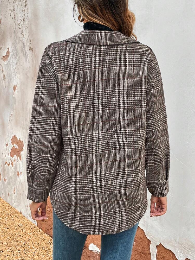 Women's Plaid Lapel Collar Flap Pocket Woolen Coat