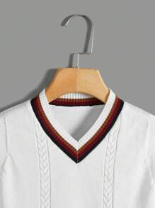 SHEIN Chàng trai trẻ Sọc trang trí Áo len vest - trắng - Xem 4