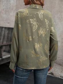 SHEIN Clasi 女用蝴蝶印花落肩襯衫 - 軍綠色 - 查看 2