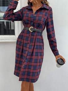 SHEIN LUNE Plaid Print Button Front Shirt Dress - Multicolor - View 3