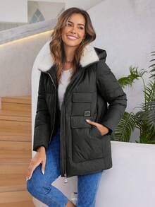 HaiLuoZi 女式字母印花贴袋休闲长袖连帽棉服外套 - 黑色 - 查看 4