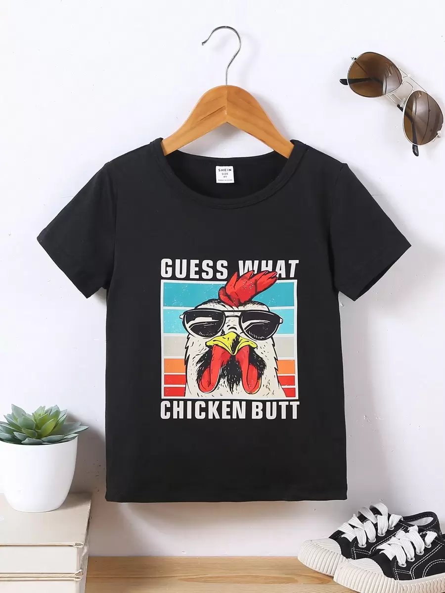 SHEIN Young Boy Cartoon Chicken & Letter Print Short Sleeve T-Shirt - Black - View 1
