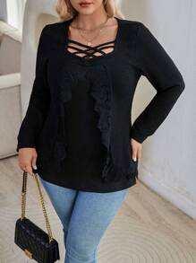 Calvaya Plus Contrast Lace Crisscross Front Tee - Black - View 4