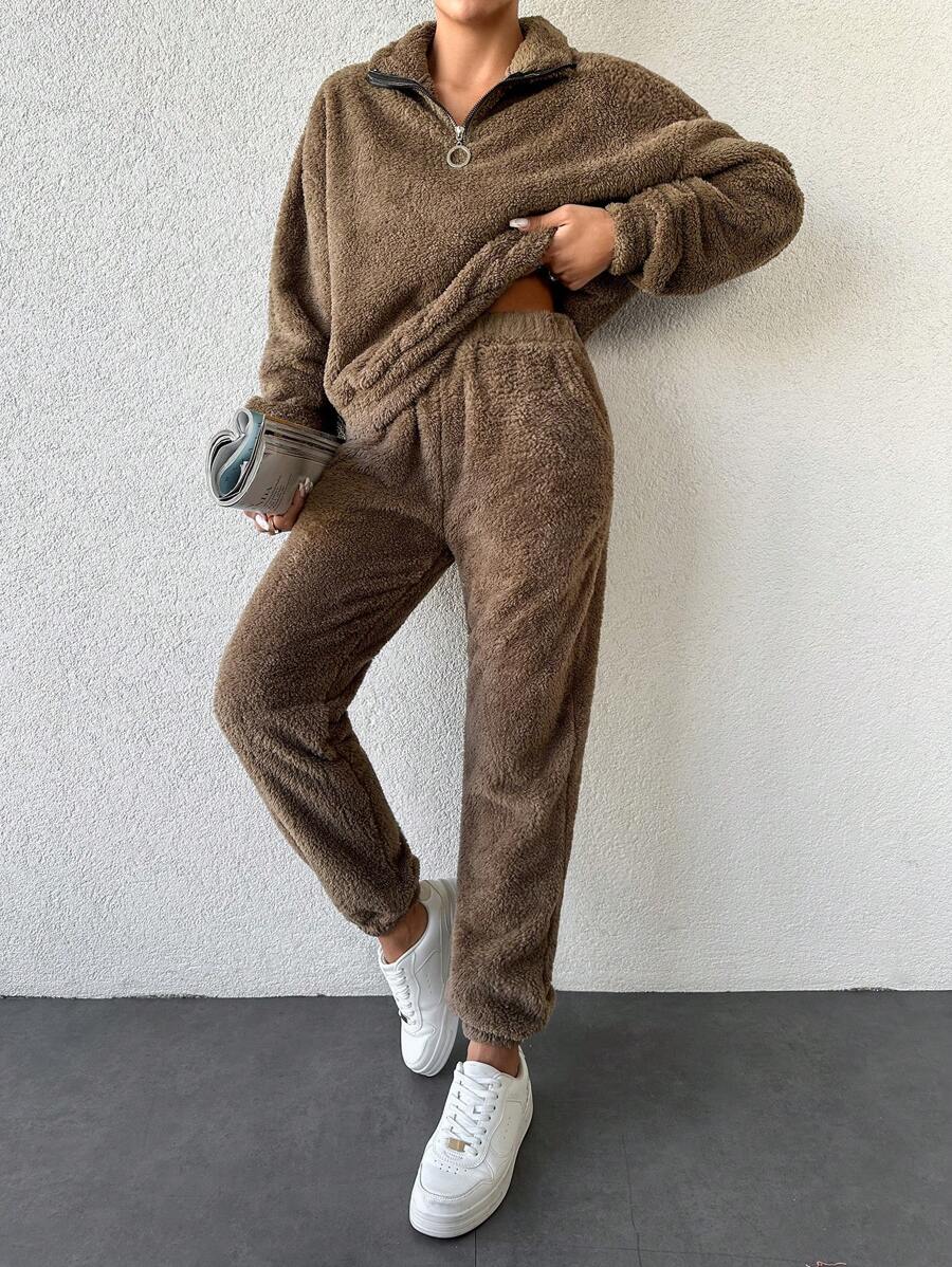 EURMUSE Half Zip Drop Shoulder Teddy Sweatshirt & Pants - Brown - View 1