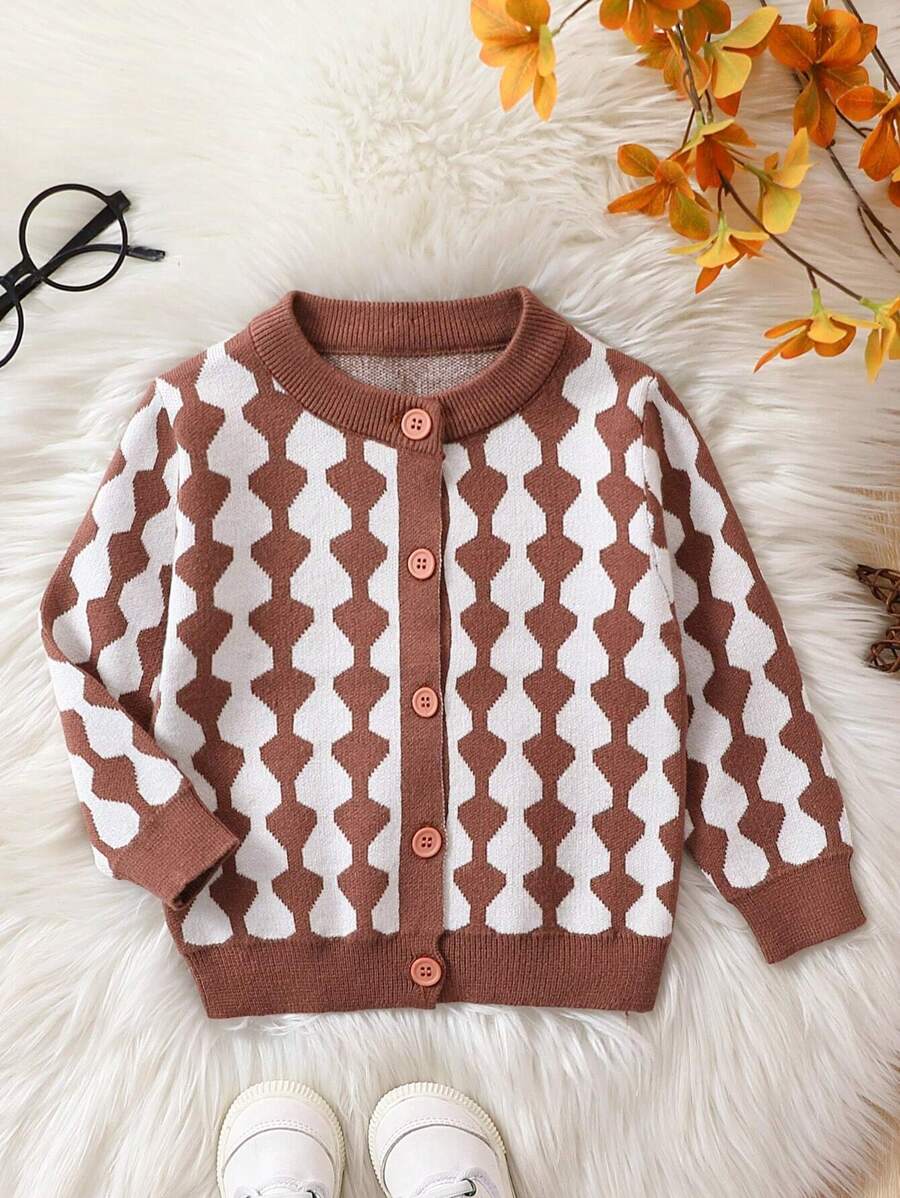 Young Boy Allover Pattern Button Front Cardigan - Brown - View 1