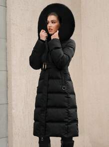 Anewsta 女士休闲纯色毛领连帽棉服外套，冬季 - 黑色 - 查看 7