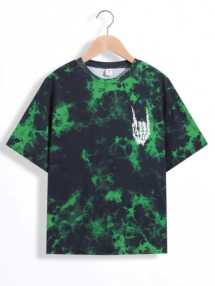 SHEIN 男童休閒街頭風格紮染骷髏與手印圓領寬鬆針織短袖 T 卹 - 彩色 - 查看 1