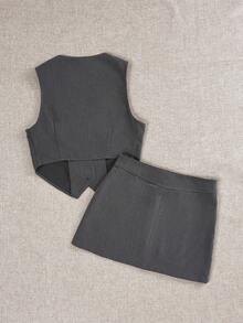 SHEIN EZwear Button Front Vest Blazer & Bodycon Skirt Without Shirt - Dark Grey - View 2