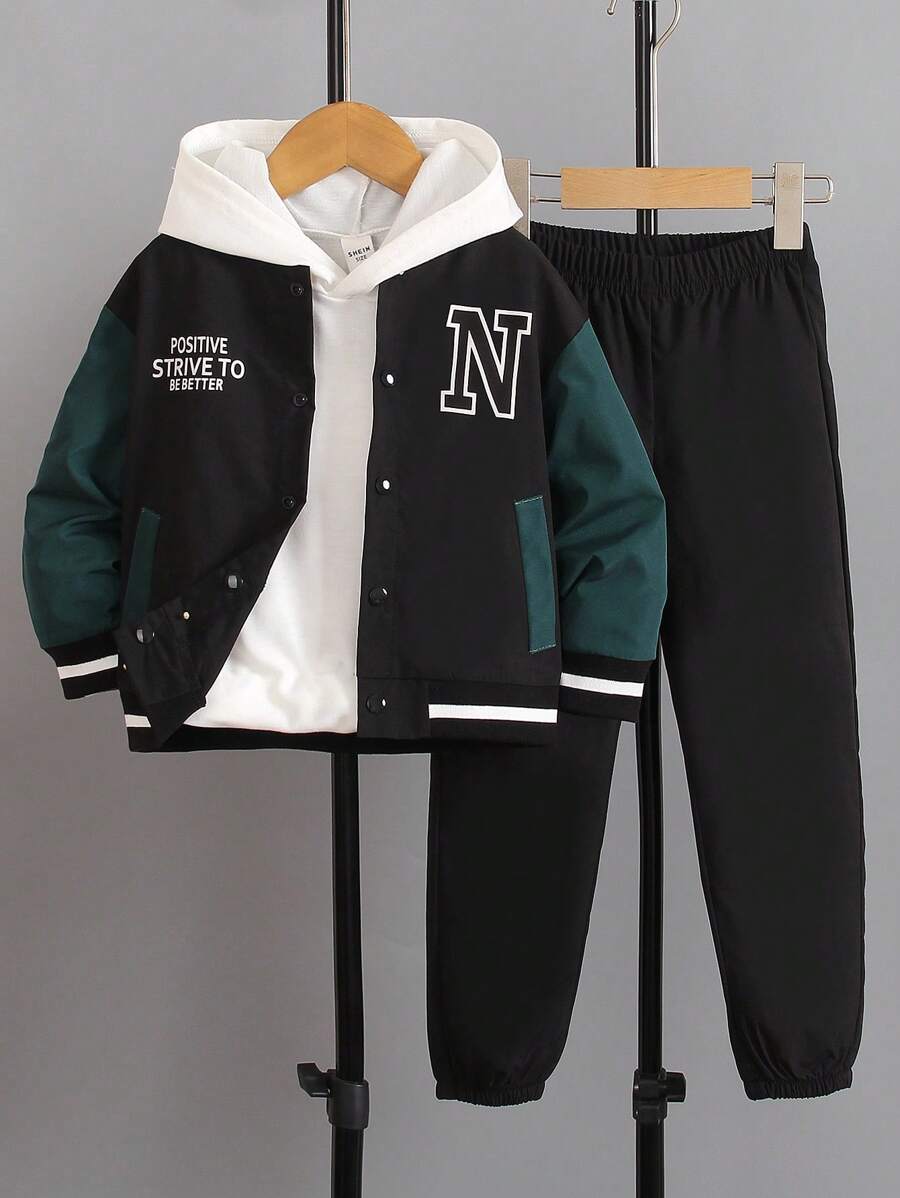 SHEIN 青少年男孩字母印花對比色棒球外套和運動長褲套裝 - 彩色 - 查看 1