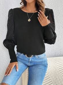 SHEIN Frenchy Women's Sheer Mesh Lantern Sleeve Blouse Summer Black Casual Elegant - Black - View 6