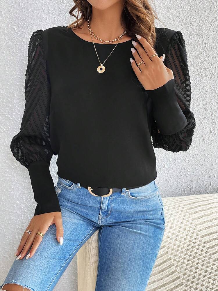 Women's Sheer Mesh Lantern Sleeve Blouse Summer Black Casual