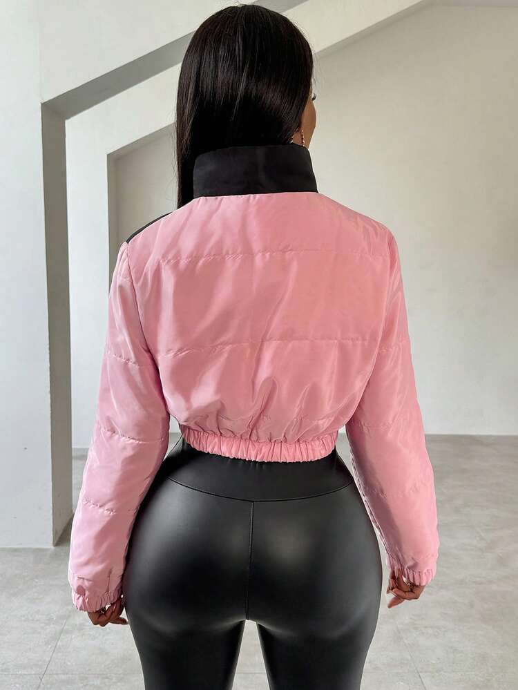 Two Tone Zip Up Crop Padded Coat Fall Cloth For Women