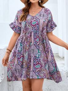 SHEIN Clasi Plus Paisley Print Flounce Sleeve Dress - Multicolor - View 4