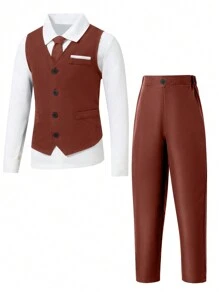SHEIN Tween Boy 2pcs/Set Comfortable Vest & Pants Suit With Front Button Vest, Shirt Not Included - Burgundy - View 4