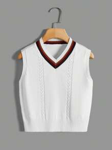 SHEIN Chàng trai trẻ Sọc trang trí Áo len vest - trắng - Xem 1