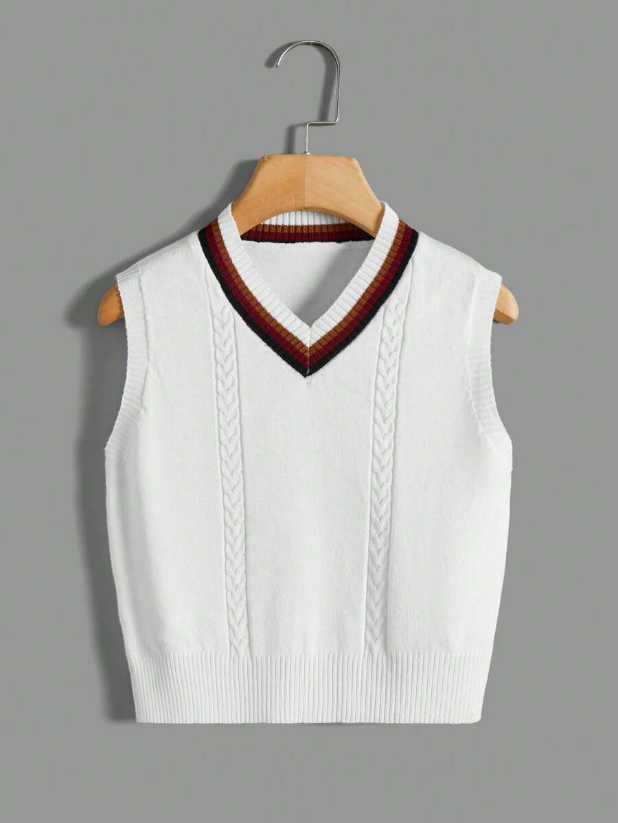 SHEIN Chàng trai trẻ Sọc trang trí Áo len vest - trắng - Xem 1