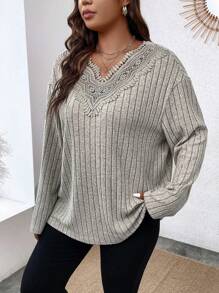 Calvaya Camiseta De Talla Grande De Mujer Con Encaje Y Acanalado De Mezcla De Remiendo