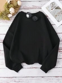 SHEIN EZwear Sea & Slogan Printed Drop Shoulder Sweatshirt - Black - View 2