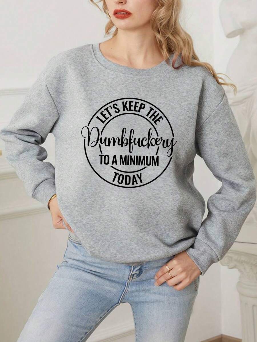 SHEIN EZwear Của phụ nữ Slogan In Lông cừu Áo nỉ - Xám - Xem 1