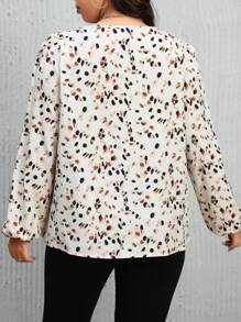 SHEIN Clasi 大碼圓領上衣,全印花設計及中開領,搭配氣球袖 - 彩色 - 查看 2