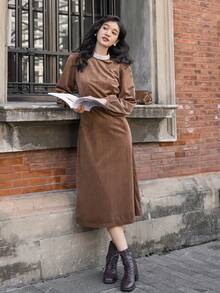 Dazy Star 撞色小高領燈籠袖連身裙 - 咖啡棕 - 查看 3