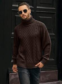 Manfinity Homme Men's High Collar Cable Knit Sweater - Chocolate Brown - View 3