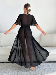 SHEIN Swim Summer Beach Women's Fringe Sleeve Open Sleeve High Side Split Cover Up