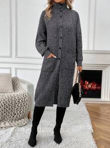 SHEIN Essnce 雙口袋下垂肩扣釦針織外套 - 灰色 - 查看 3