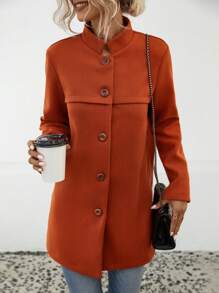 SHEIN LUNE Solid Button Front Overcoat - Red - View 3