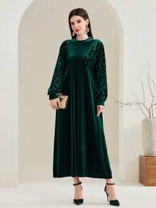 Mulvari Women's Loose Fit Casual Dress With Patchwork And Ruffle Neckline - Dark Green - View 4