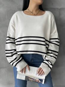 SHEIN Cottnline Kích thước lớn Sọc Thả vai Áo len - Màu be - Xem 5