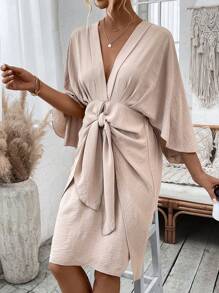 SHEIN Privé Batwing Sleeve Knotted Front Dress - Khaki - View 6