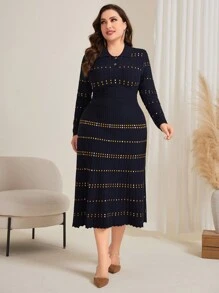 Modelyn Plus Size Polo Neck Knit Sweater Dress, For Winter - Royal Blue - View 1