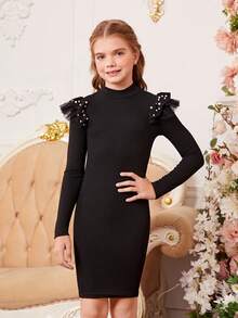 Cô gái Tween 1 Miếng Ngọc trai đính cườm Lưới Viền Ruffle Cổ giả Đầm Không có thắt lưng - màu đen - Xem 3