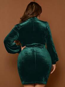 SHEIN SXY Plus Plunging Neck Lantern Sleeve Draped Ruched Velvet Bodycon Dress - Dark Green - View 2